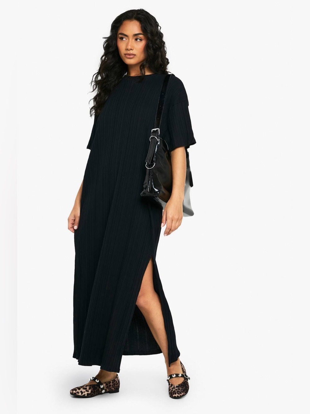 NWT boohoo Textured Rib Drop Shoulder Midaxi T-Shirt Dress Black US 10 / UK 14